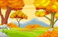 Landscape Forest View With Grass Field, Trees, and Mountain in Background Cartoon Vector Illustration Royalty Free Stock Photo