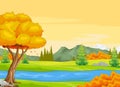 Landscape  Forest View With River, Trees, and Mountain Cartoon Vector Illustration Isolated Royalty Free Stock Photo
