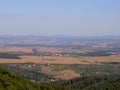 Landscape with forests, trees, meadows, fields, houses, villages, towns and mountains viewed from a high hill