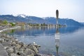 A landscape of the Fork, a stainless steel fork in front of the Alimentarium museum on the shore of Lake Geneva Lac Leman.