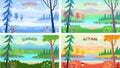 Landscape four seasons. Winter, spring, summer, autumn. Forest landscape with trees, bushes, flowers, road, and a lake. Colorful