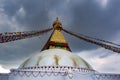 Kathmandu, Nepal, May, 2 2018. Portrait front view of Boudhanath Stupa.