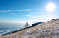 Landscape of frozen Lake Baikal in winter with background of blue sky from high view point