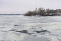 Landscape with frozen river Dnepr and Orthodox church Royalty Free Stock Photo