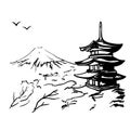 Landscape with Fuji mount, sakura tree and Japan pagoda illustration