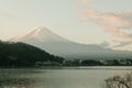 Landscape of Fuji mountain view and Kawaguchiko lake in morning sunrise, winter seasons at yamanachi, Japan.