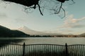 Landscape of Fuji mountain view and Kawaguchiko lake in morning sunrise, winter seasons at yamanachi, Japan.