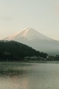 Landscape of Fuji mountain view and Kawaguchiko lake in morning sunrise, winter seasons at yamanachi, Japan.