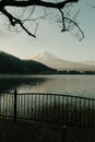 Landscape of Fuji mountain view and Kawaguchiko lake in morning sunrise, winter seasons at yamanachi, Japan.