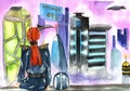 Landscape future cyberpunk skyscrapers city girl watercolor