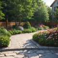 Landscape Garden design walkway with planting shrubs design for decoration house or hotel,Softscape and hardscape for Royalty Free Stock Photo