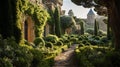 landscape garden of a stone fortress with bushes and trees.