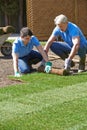 Landscape Gardeners Laying Turf For New Lawn