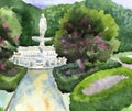 Landscape gardening of a city park with a fountain, sculptures, Royalty Free Stock Photo