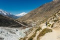 Landscape with girl, high mountains with snowy peaks, path, blue sky in Nepal. Travel. Vintage style. Nature Royalty Free Stock Photo