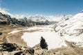 Landscape with girl, high mountains with snowy peaks, path, blue sky in Nepal. Travel. Vintage style. Nature Royalty Free Stock Photo