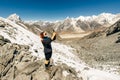 Landscape with girl, high mountains with snowy peaks, path, blue sky in Nepal. Travel. Vintage style. Nature Royalty Free Stock Photo