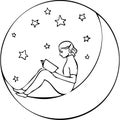 Landscape with Girl reading a book sitting on a crescent moon inside the circle Royalty Free Stock Photo