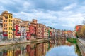 Landscape of Girona with Gomez or Princess Bridge over the river Onyar, Spain