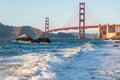 Landscape of Golden Gate bridge over sea horizon from Baker beach Royalty Free Stock Photo