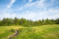 Landscape on a golf course with green grass, forest, trees, beautiful blue sky and a small river and waterfall Royalty Free Stock Photo