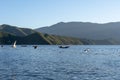 Landscape of gondolas on a lake surrounded by hills on a sunny day