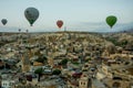 Landscape of Goreme at dawn. Hot air balloons over mountain landscape in Cappadocia, Goreme, Turkey. Aerial view from air balloon Royalty Free Stock Photo