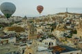 Landscape of Goreme at dawn. Hot air balloons over mountain landscape in Cappadocia, Goreme, Turkey. Aerial view from air balloon Royalty Free Stock Photo