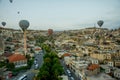 Landscape of Goreme at dawn. Hot air balloons over mountain landscape in Cappadocia, Goreme, Turkey. Aerial view from air balloon Royalty Free Stock Photo