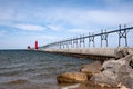 Landscape of the Grand Haven Lighthouse, pier, and catwalk, Lake Michigan, Michigan, USA