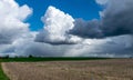 Landscape from gray land field and green grass, high blue sky with cumulus and rain clouds