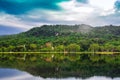 Landscape of green and calm nature with water lake forest mountain and dramatic blue sky Royalty Free Stock Photo