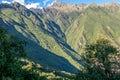 Landscape with green deep valley, Apurimac River canyon, Peruvian Andes mountains on Choquequirao trek in Peru