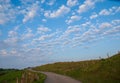 Landscape of green fenced meadows, road and blue sky with clouds