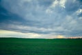 Rain clouds over a green field