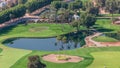 Landscape of green golf course with trees aerial timelapse. Dubai, UAE Royalty Free Stock Photo