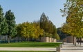 Landscape with green grass, ornamental and evergreen trees. Public landscape ÃÂity park `Krasnodar` or `Galitsky park`