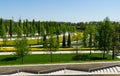Landscape with green grass and ornamental trees. Public landscape city park `Krasnodar` or `Galitsky park` for relaxation