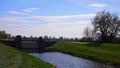 Landscape with green grass on river bank of regulated agricultural water channel and yellow flowering rapeseed field on the left.