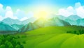 Landscape green meadows with mountains. Summer valley view. Landscape hill field. Wild nature grass and forest in Royalty Free Stock Photo