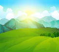 Landscape green meadows with mountains. Summer valley view. Landscape hill field. Wild nature grass and forest in Royalty Free Stock Photo