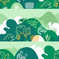 Seamless pattern hilly landscape with trees, bushes and plants. Growing plants and gardening.