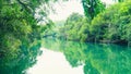 Landscape of green water and forest around Formoso river in Bonito MS, Brazil.