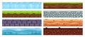 Landscape grounds. Cartoon dirt clay, archeology soil layers, dirt texture with buried stones, grass, landscape elements