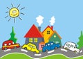 Countryside, group of cars on the road and houses and trees, vector illustration.