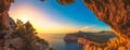 Landscape of the gulf of capo caccia at sunset from grotta dei vasi rotti - Sardinia Royalty Free Stock Photo