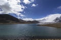 Landscape of Gurudongmar Lake with rocks in forte ground and mountain with blue sky in background. Gurudongmar lake one of the