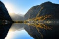 The landscape of Hallstatt, Austria, a riverside village reflecting the calm waters. The shadows in the water look like a mirror