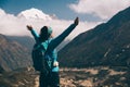 Landscape with happy girl, mountains, blue sky with clouds Royalty Free Stock Photo