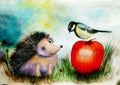 Landscape: Hedgehog, apple and titmouse Royalty Free Stock Photo